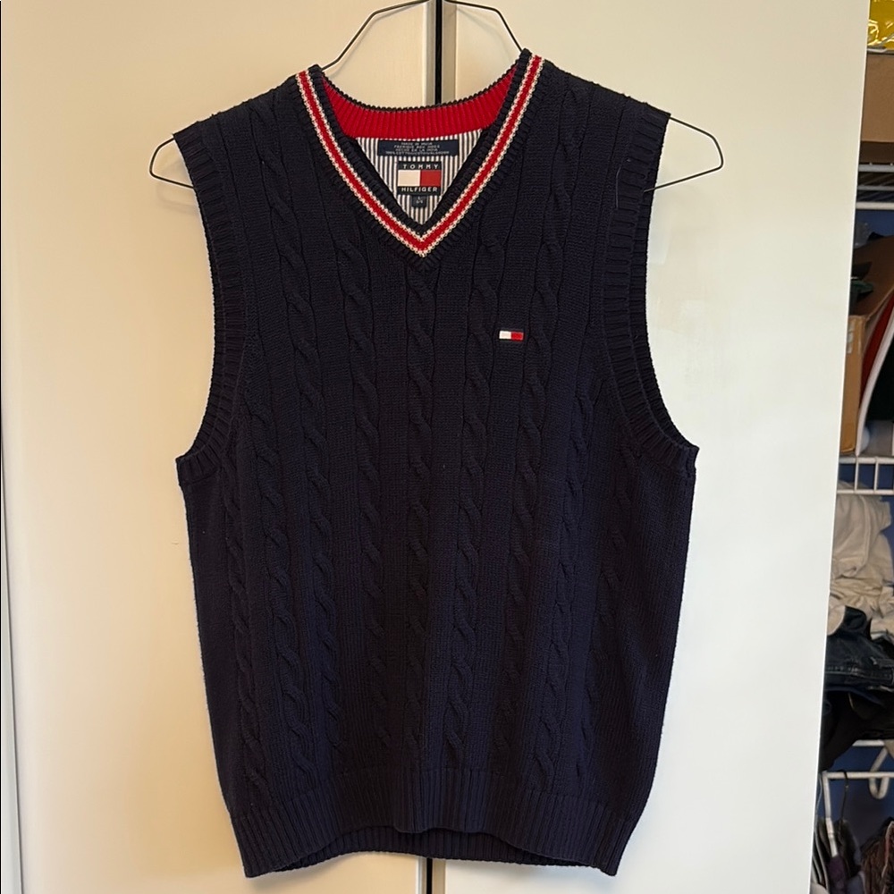 Tommy Hilfiger Kids Navy Sweater Vest with Red and White Trim